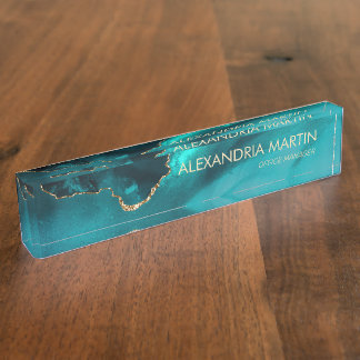 Stylish Modern Teal Gold Glitter Marble   Nameplate