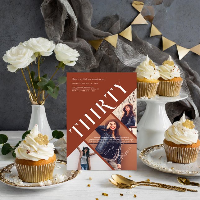 Stylish Modern Thirty | 30th Birthday 3 Photo Invitation (Creator Uploaded)