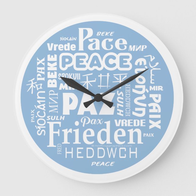 Stylish modern wall clock PEACE multiple language (Front)