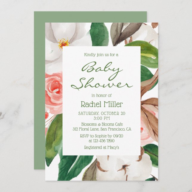 Stylish Modern Watercolor Floral Baby Shower Invitation (Front/Back)