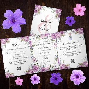 stylish modern watercolor purple botanical wedding Tri-Fold invitation