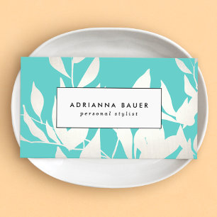 Stylish Modern White and Turquoise Leaves Pattern Business Card