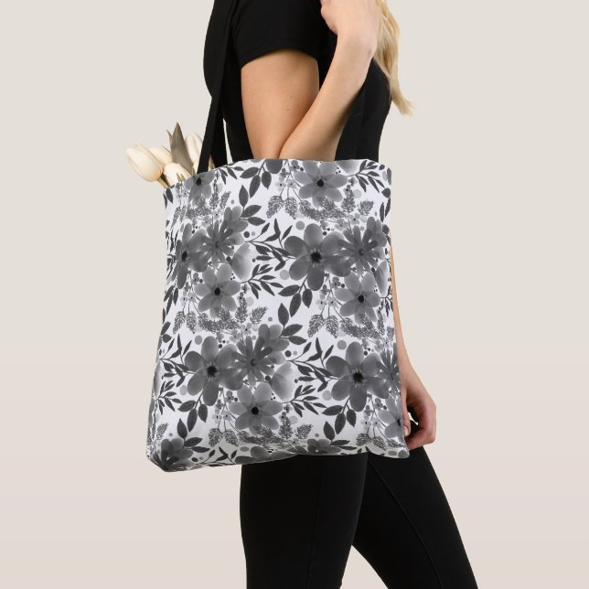 Stylish Monochromatic Grey/White Floral Pattern Tote Bag (Close Up)