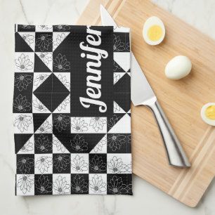 Stylish monochrome chequered floral triangles tea towel