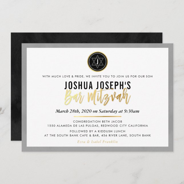 STYLISH MONOGRAM BAR MITZVAH black gold script Invitation (Front/Back)