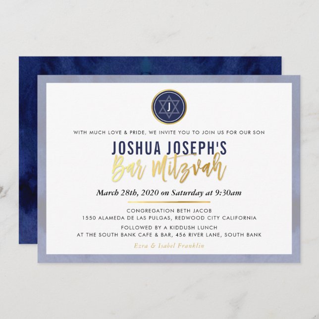 STYLISH MONOGRAM BAR MITZVAH navy blue gold script Invitation (Front/Back)