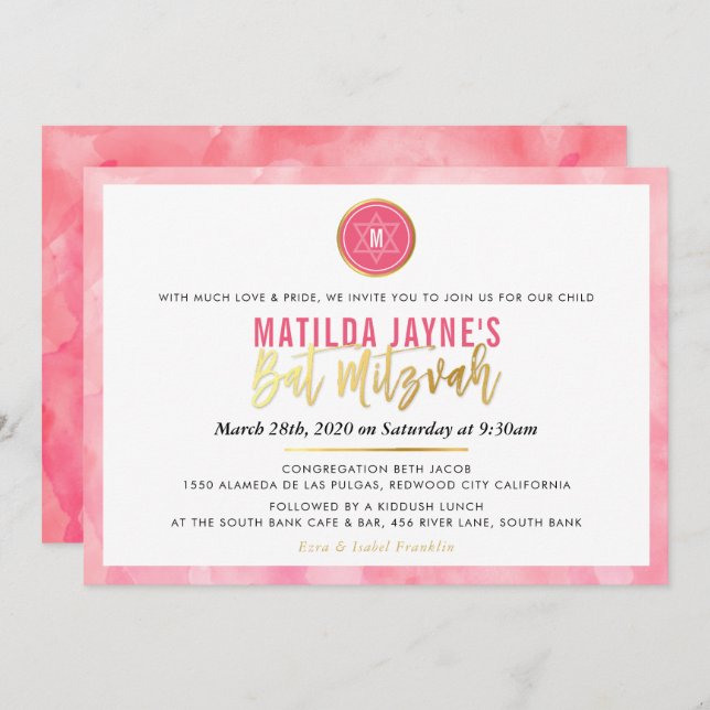 STYLISH MONOGRAM BAT MITZVAH coral pink gold Invitation (Front/Back)