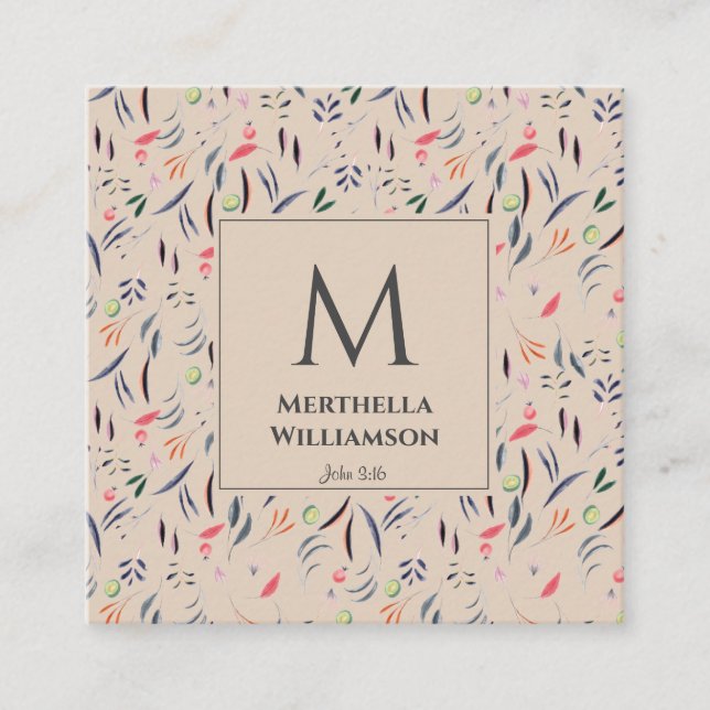 Stylish MONOGRAM Beige Floral Square Business Card (Front)