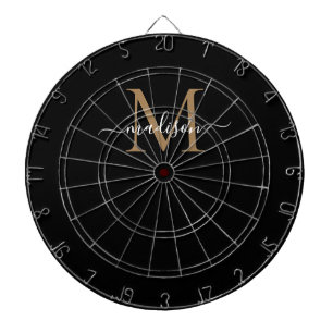 Stylish Monogram Black Gold Elegant Girly Script Dartboard