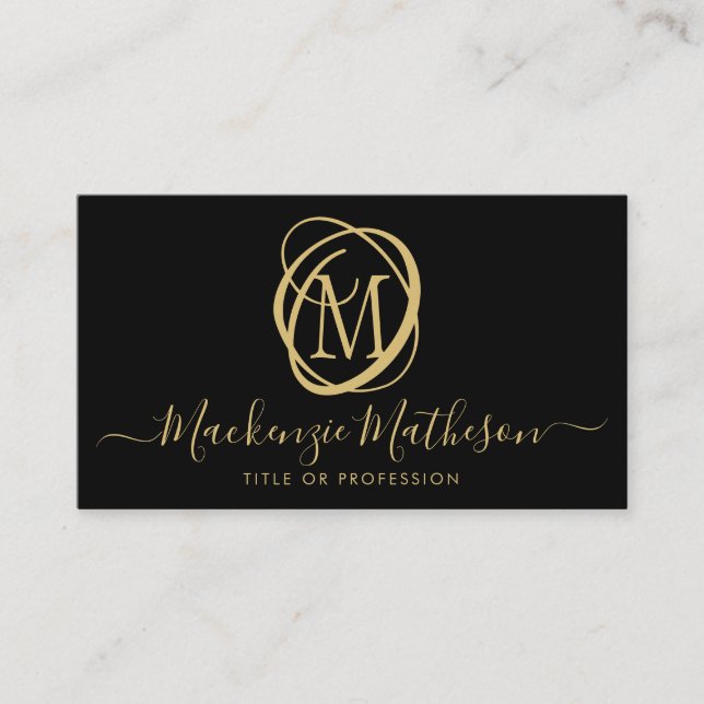 Stylish Monogram Black Gold Script Business Card (Front)