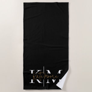 Stylish Monogram Black Gold Script Elegant Beach Towel