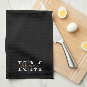 Stylish Monogram Black Gold Script Elegant Tea Towel