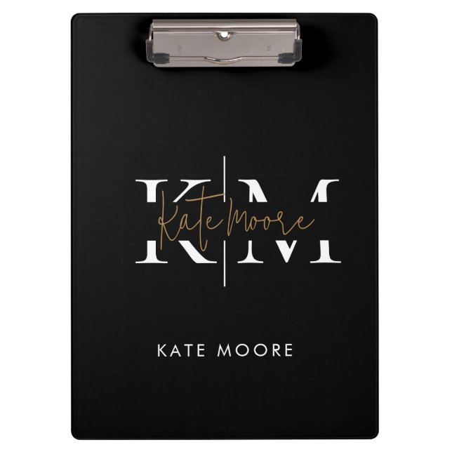 Stylish Monogram Black Gold Script Office School Clipboard (Front)