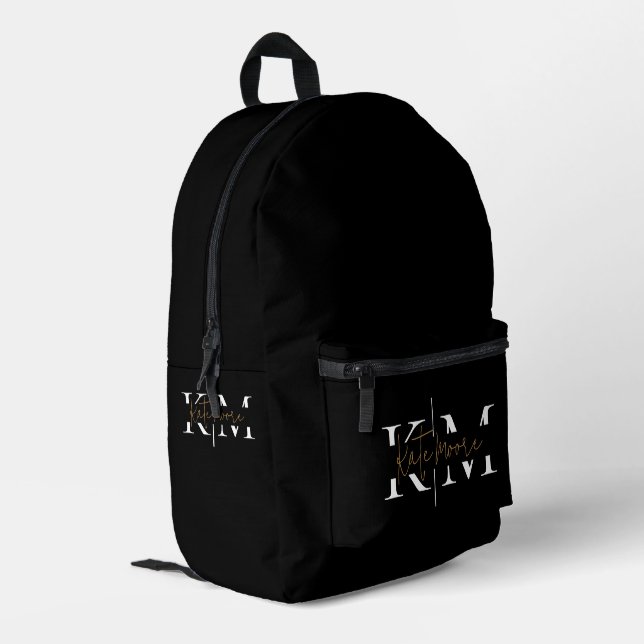 Stylish Monogram Black Gold Script Office School Printed Backpack (Back Corner Left)