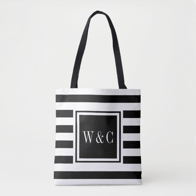 Stylish Monogram Black White Stripe Tote Bag (Front)