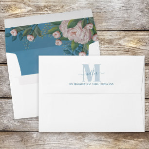 Stylish Monogram Blue Floral Rose Return Address Envelope