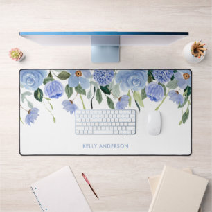 Stylish Monogram Blue floral watercolor border Desk Mat