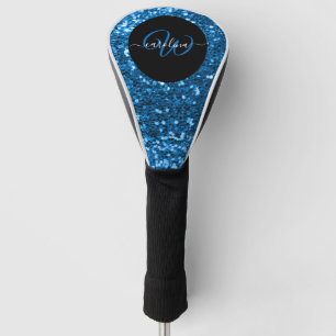 Stylish monogram blue glitter name black golf head cover