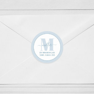 Stylish Monogram Blue Simple Return Address Classic Round Sticker