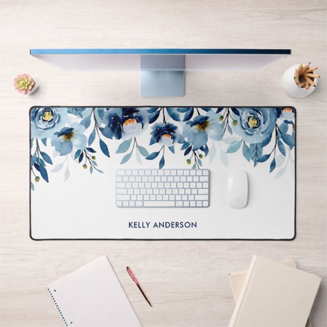 Stylish Monogram Blue Watercolor floral Desk Mat (Office 1)