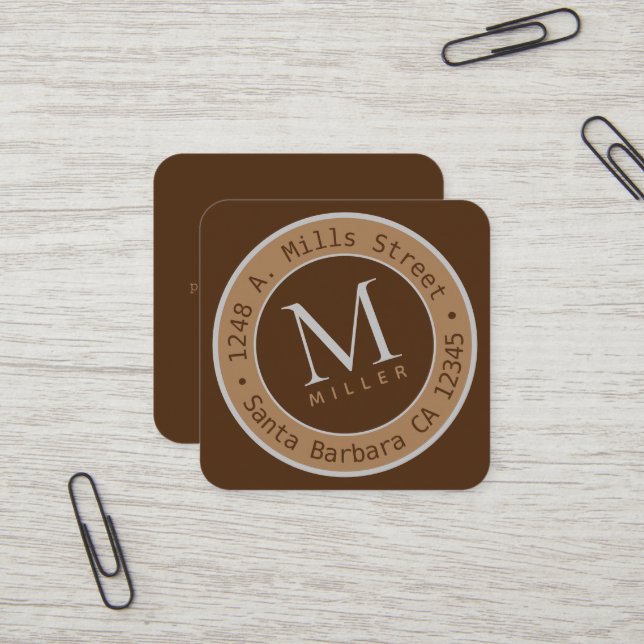 Stylish Monogram brown rounded border Square Business Card (Front/Back In Situ)