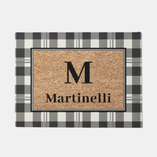 Stylish Monogram Faux Coir Buffalo Plaid Design Doormat