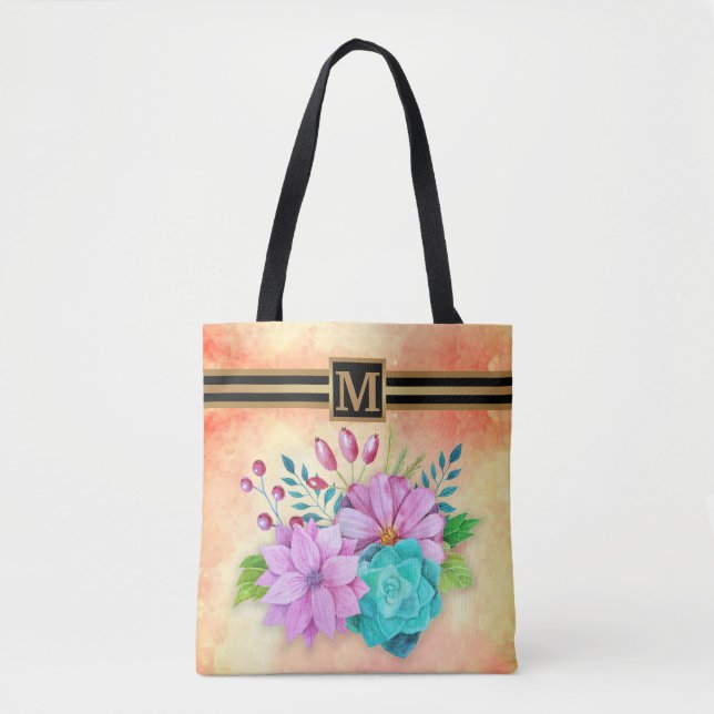 STYLISH MONOGRAM FLORAL  TOTE BAG (Front)