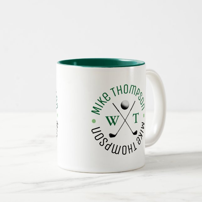 Stylish Monogram for a Golf-Player green Two-Tone Coffee Mug (Front Right)