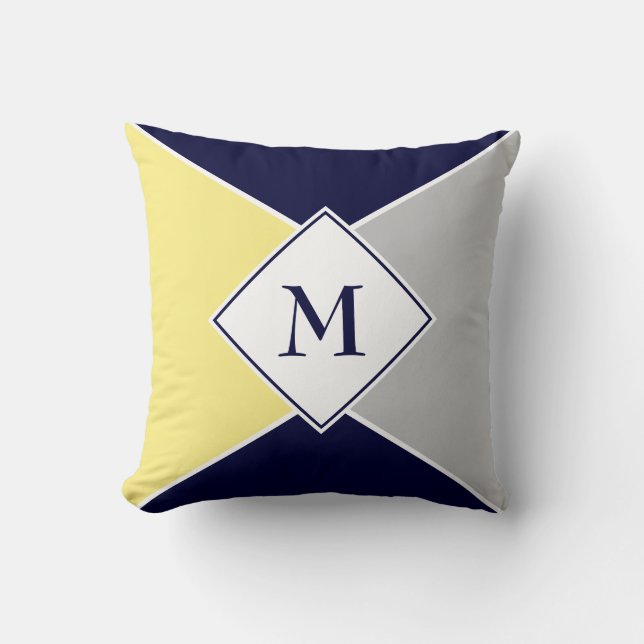 Stylish MONOGRAM Geometric | Navy Yellow Grey Cushion (Front)