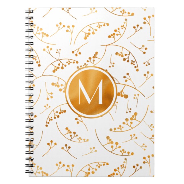 Stylish monogram gold berries pattern on white notebook (Front)