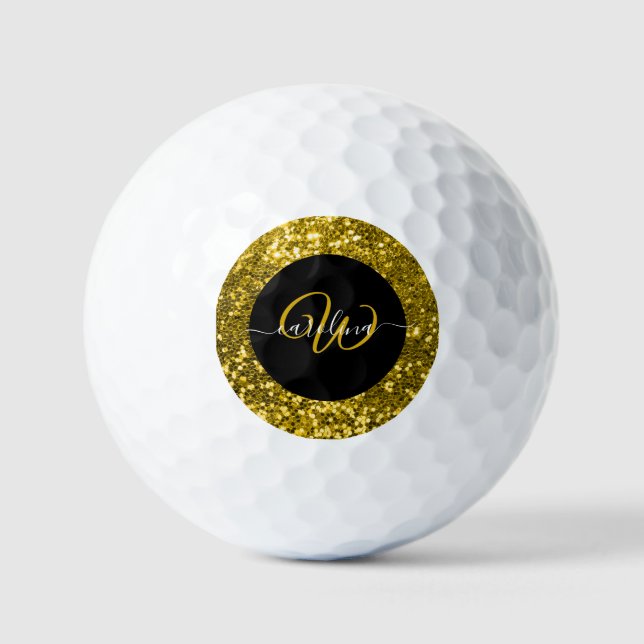 Stylish monogram gold glitter name black golf balls (Front)