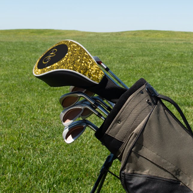 Stylish monogram gold glitter name black golf head cover (In Situ)