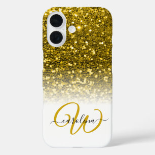 Stylish monogram gold glitter name white iPhone 16 case