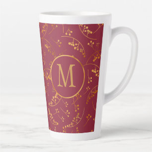 Stylish monogram gold marsala berry pattern latte mug
