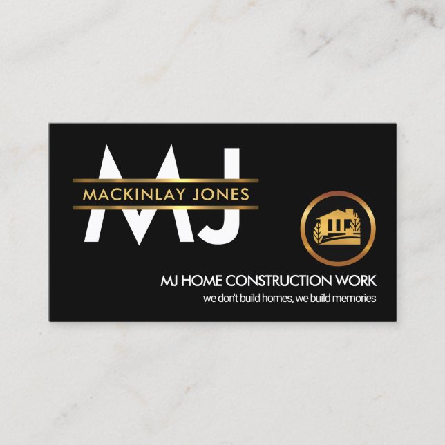 Stylish Monogram Gold Placard Border Construction Business Card (Front)