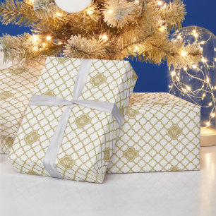 Stylish Monogram Gold Quatrefoil Pattern Wedding Wrapping Paper