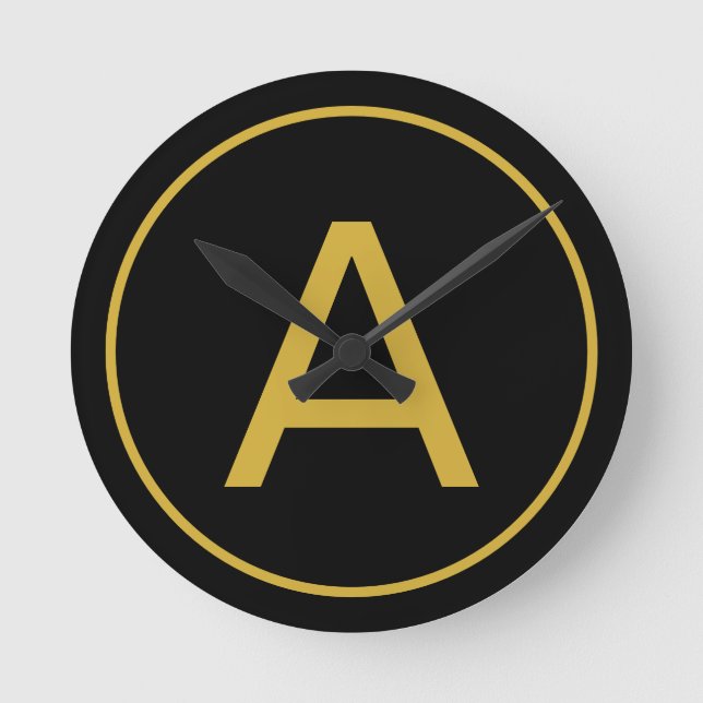 Stylish Monogram Initial Letter Gold Colour Black Round Clock (Front)