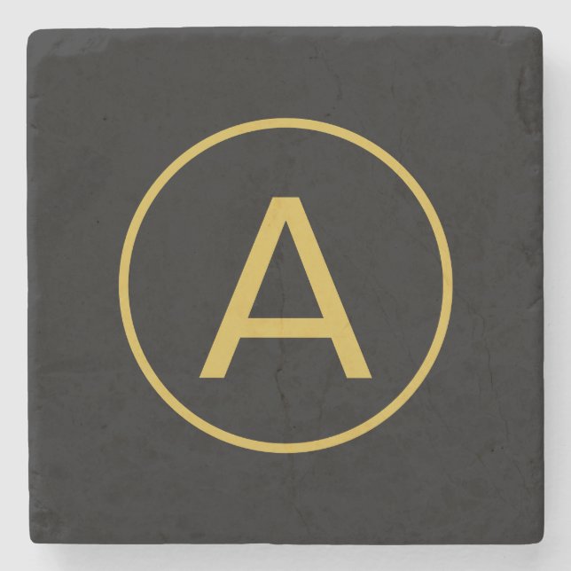 Stylish Monogram Initial Letter Gold Colour Black Stone Coaster (Front)