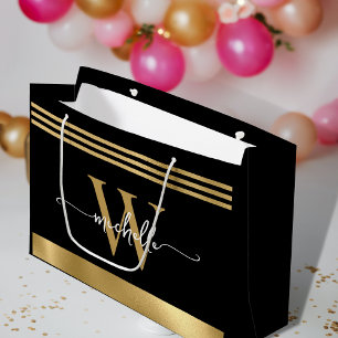 Stylish Monogram Initial Script Black Gold Sriped Large Gift Bag