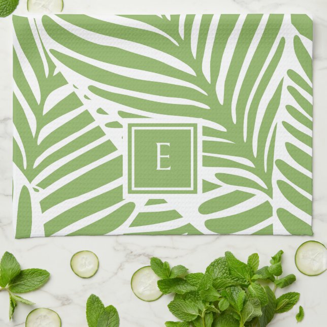 Stylish Monogram Leaf Pattern Plant Lover Tea Towel (Folded)
