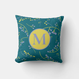Stylish monogram lilac yellow berry pattern cushion