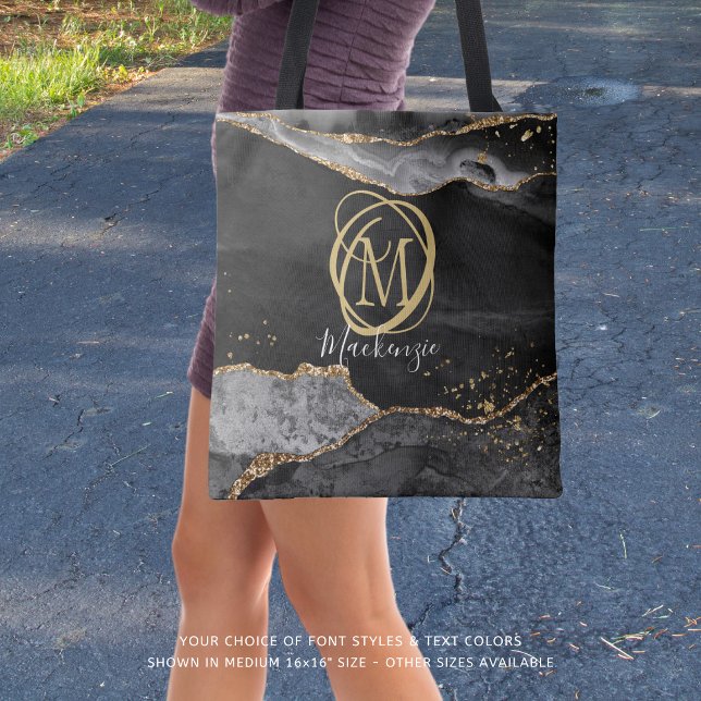 Stylish Monogram Name Black Agate Gold Glitter Tote Bag (Creator Uploaded)