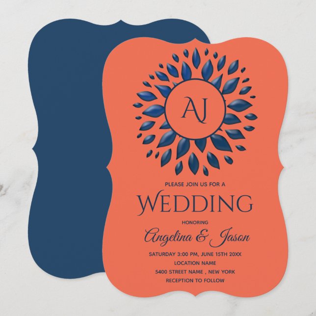 Stylish Monogram Navy and Coral Wedding Invitation (Front/Back)