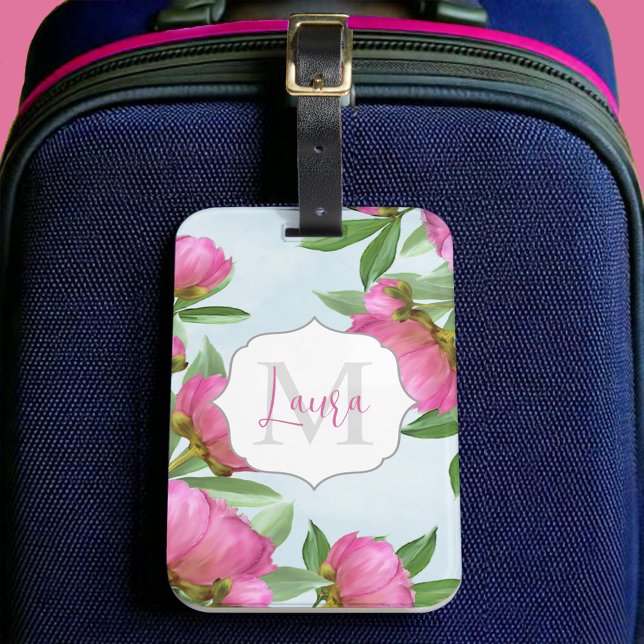 Stylish Monogram Pink Botanical Peonies Elegant Luggage Tag (Monogram and name pink peonies custom luggage tag.)