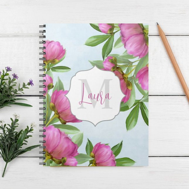 Stylish Monogram Pink Botanical Peonies Elegant Notebook (Creator Uploaded)