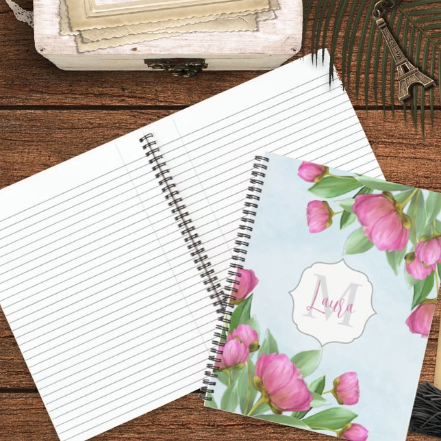 Stylish Monogram Pink Botanical Peonies Elegant Notebook (Creator Uploaded)