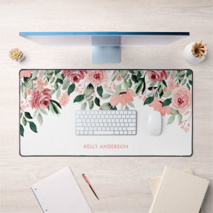 Stylish Monogram Pink & Green Watercolor floral Desk Mat