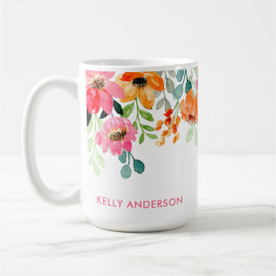 Stylish Monogram Pink Watercolor floral Coffee Mug
