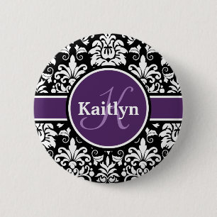 Stylish Monogram Purple Black White Damask 6 Cm Round Badge