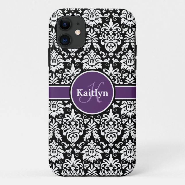 Stylish Monogram Purple Black White Damask Case-Mate iPhone Case (Back)